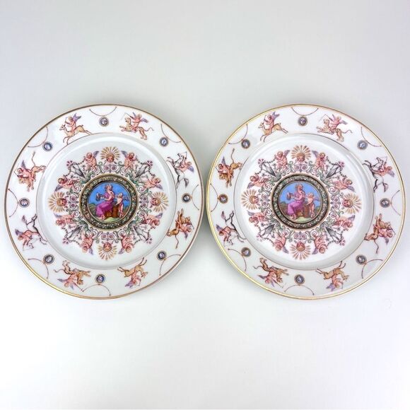 Vintage Neptune KPM Berlin Fine Dinner Plates Rare Plaque Gold Trim Set Of 2 - Picture 1 of 7